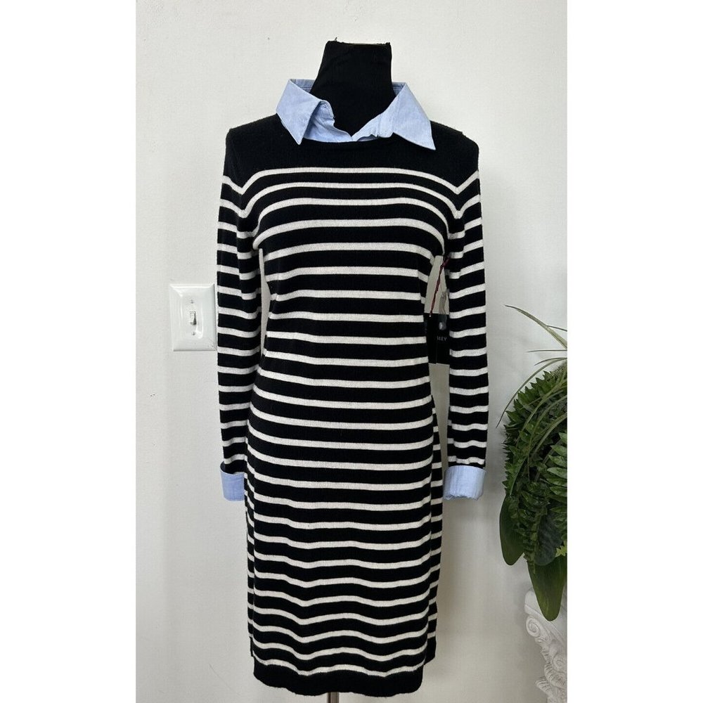 NWT Cynthia Rowley Striped Extrafine Merino Long Sweater Collar Shirt Dress Sz L